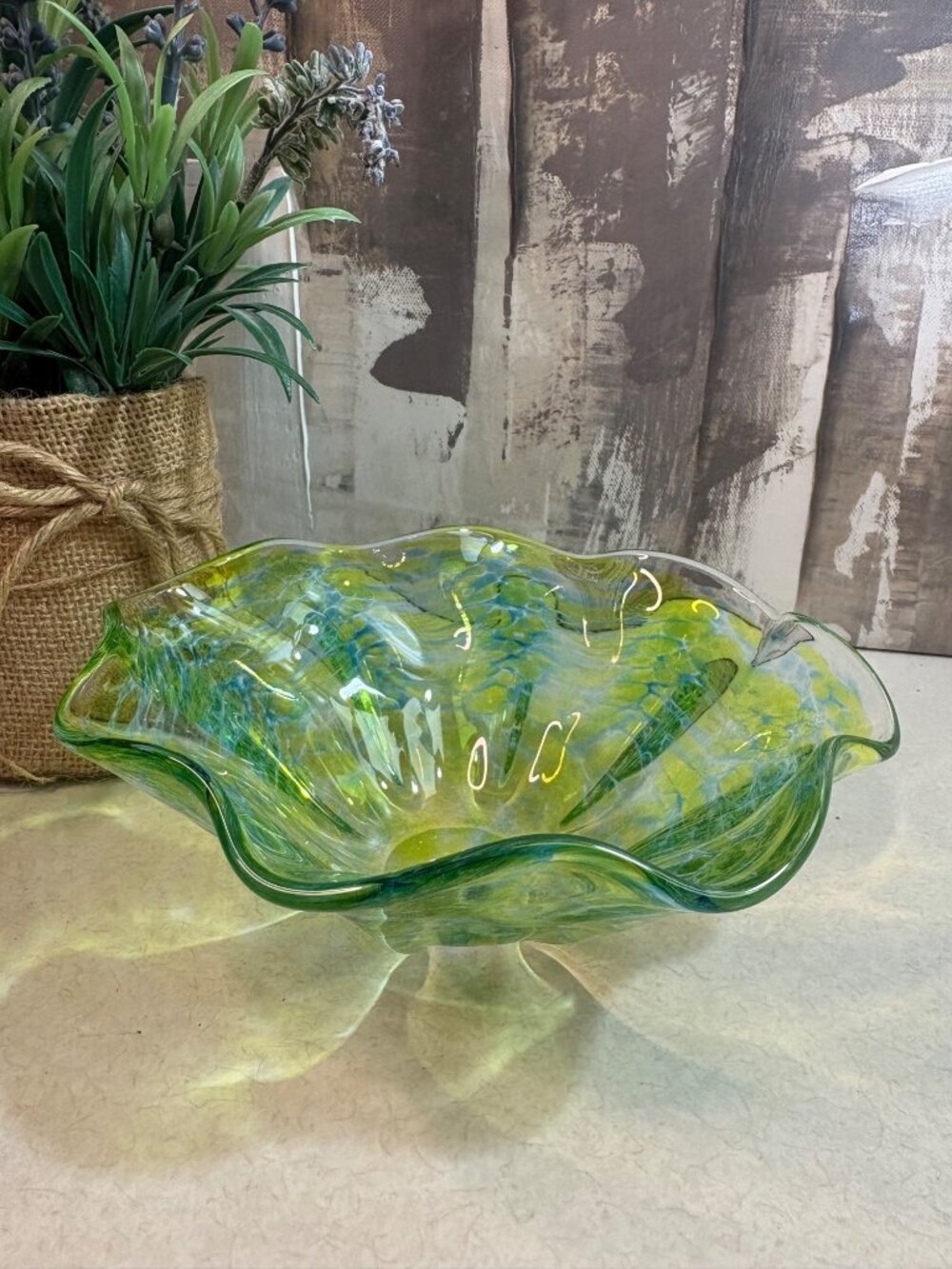 Studio Art Glass Hand Blown Ruffel Bowl by Jim Graper Tropical Swirl Maui